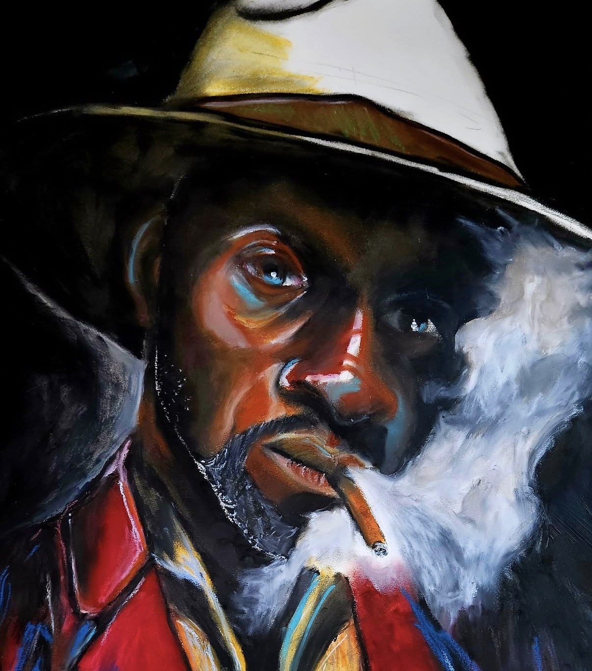 Portrait of a man in a fedora smoking, lit in blue and red
