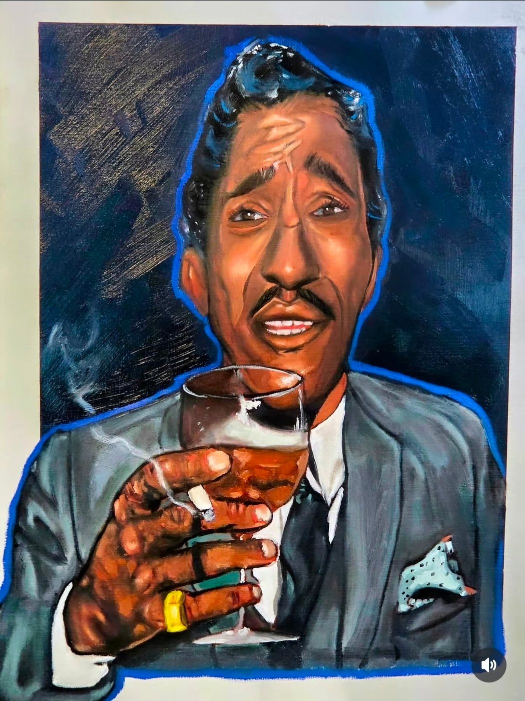 Portrait of a man in a grey suit holding a cigarette and a drink